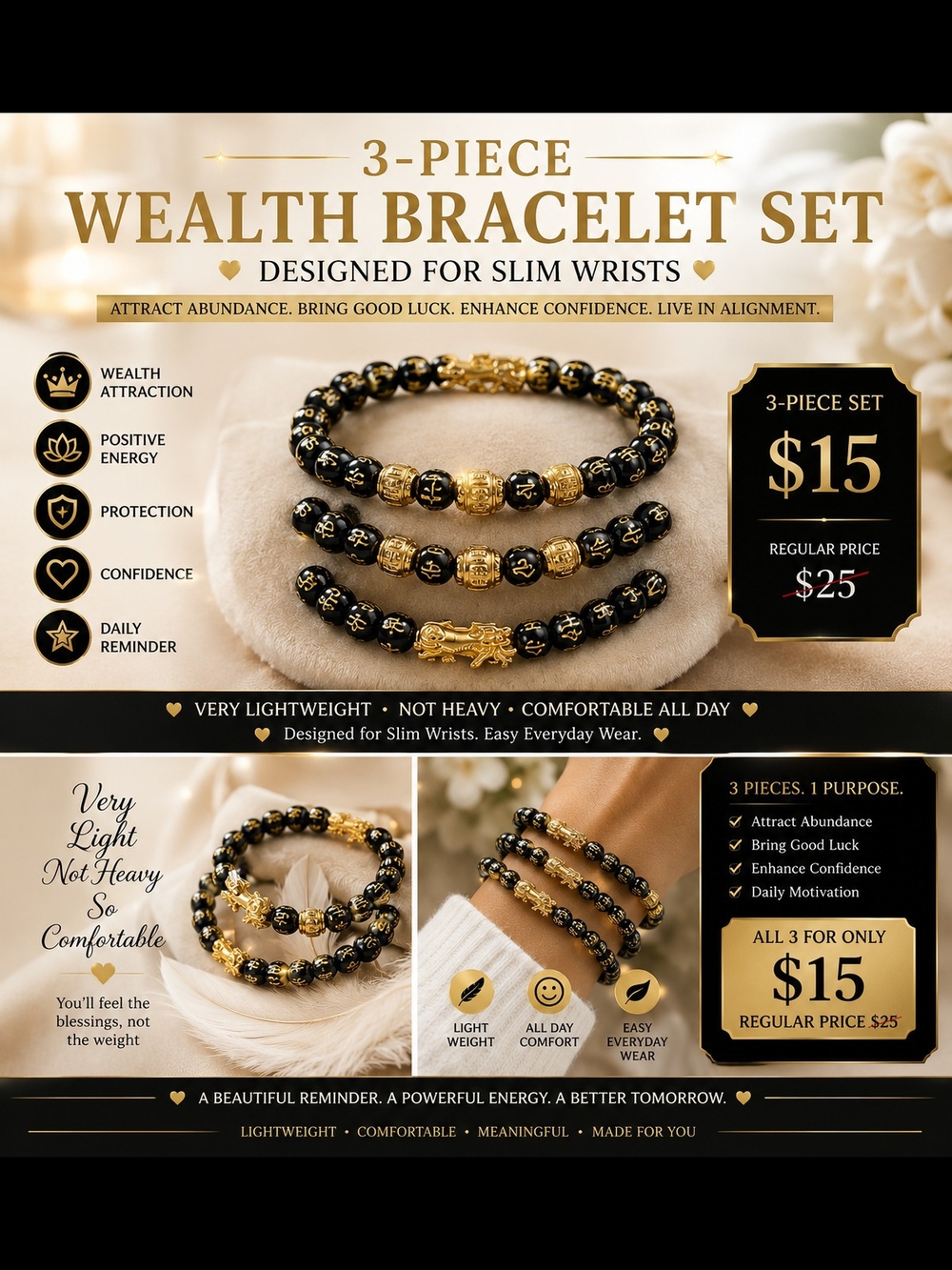 Wealth Bracelet Set - Black and Gold 3-Piece Stack